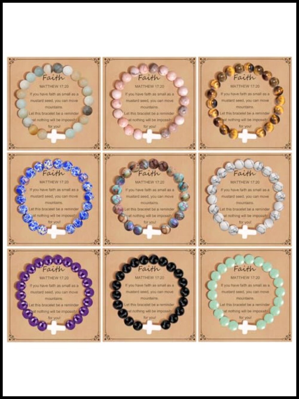 Natural Stone Beaded Cross Bracelets Set for Women Men Religious Stretch